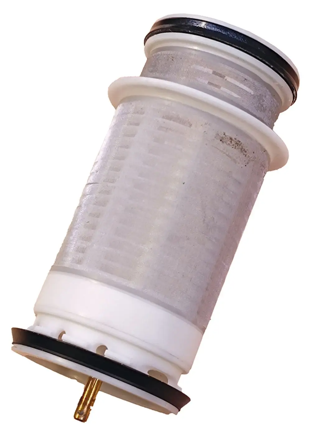 Filterelement mit durchsichtigem Gehäuse und Metallgitter, ausgestattet mit Gummidichtungen an den Enden. Teil des Syr Filtersystems für Wasseraufbereitung.